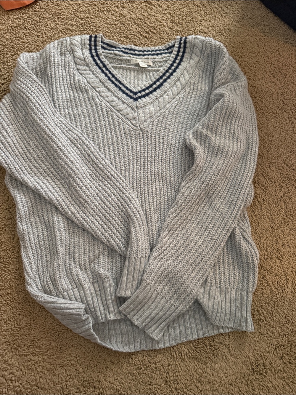 American Eagle Outfitters Light Blue V-Neck Sweater with Navy Stripe